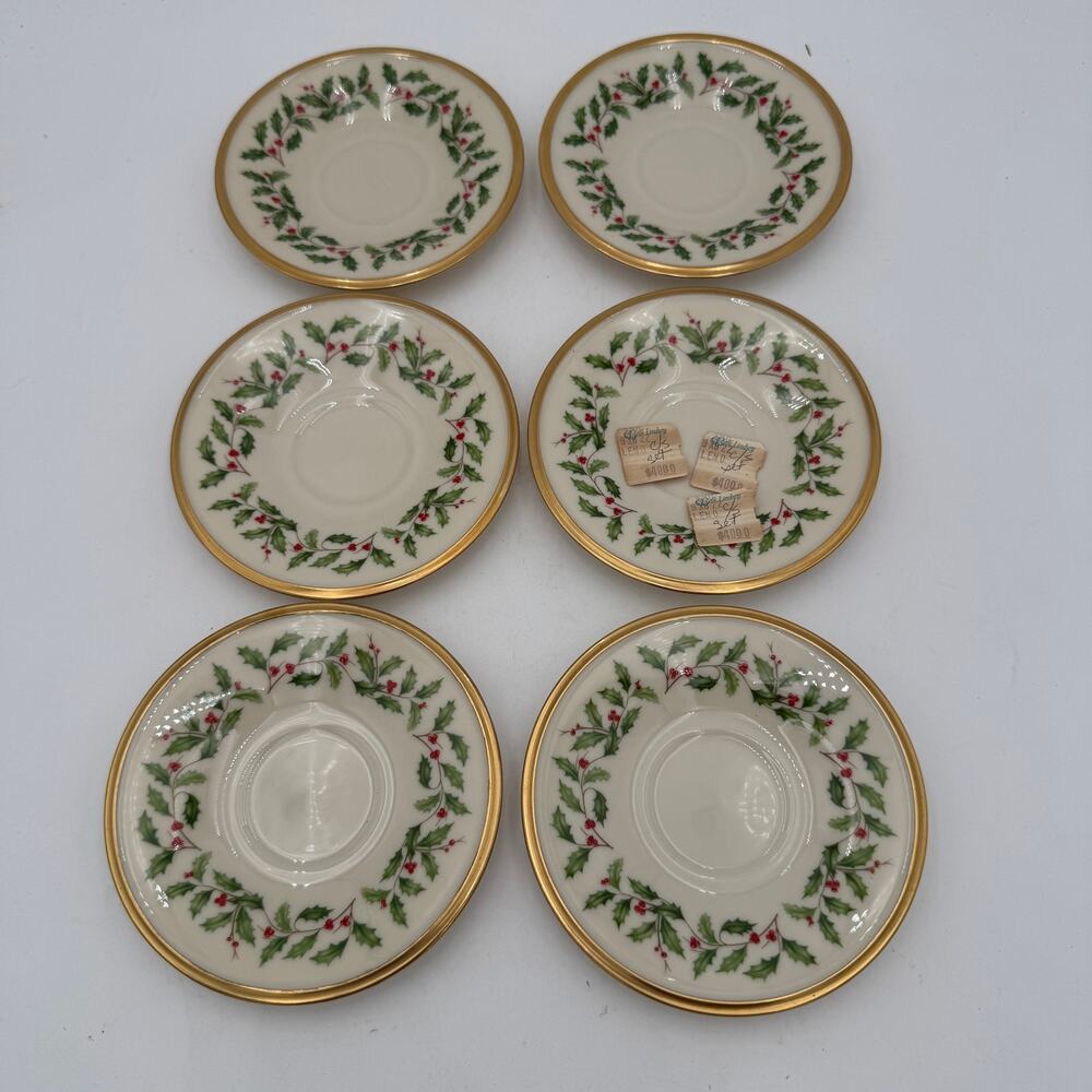 Set of 6 Lenox Holiday Saucers Bone China NWT Gold Trim